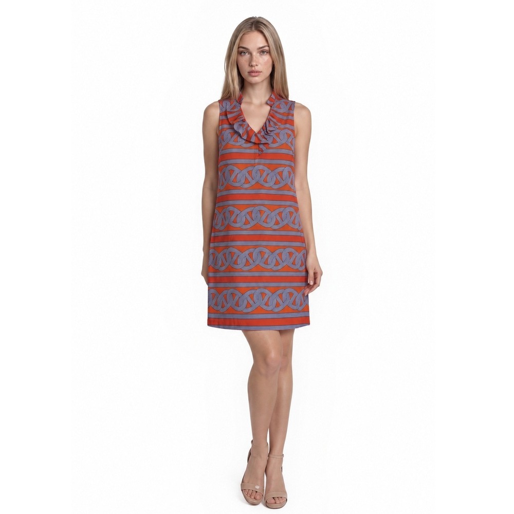 Mud Pie Ruffle Neck Shift Dress Women's Size Medium Orange Blue Geometric Bold